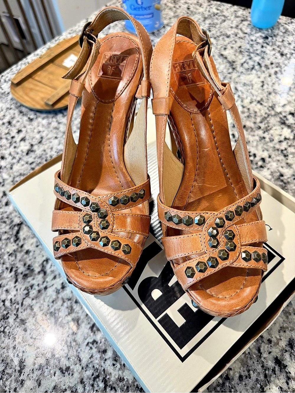 Frye Honeycomb Sling Studded Platform Heels Brown US 8